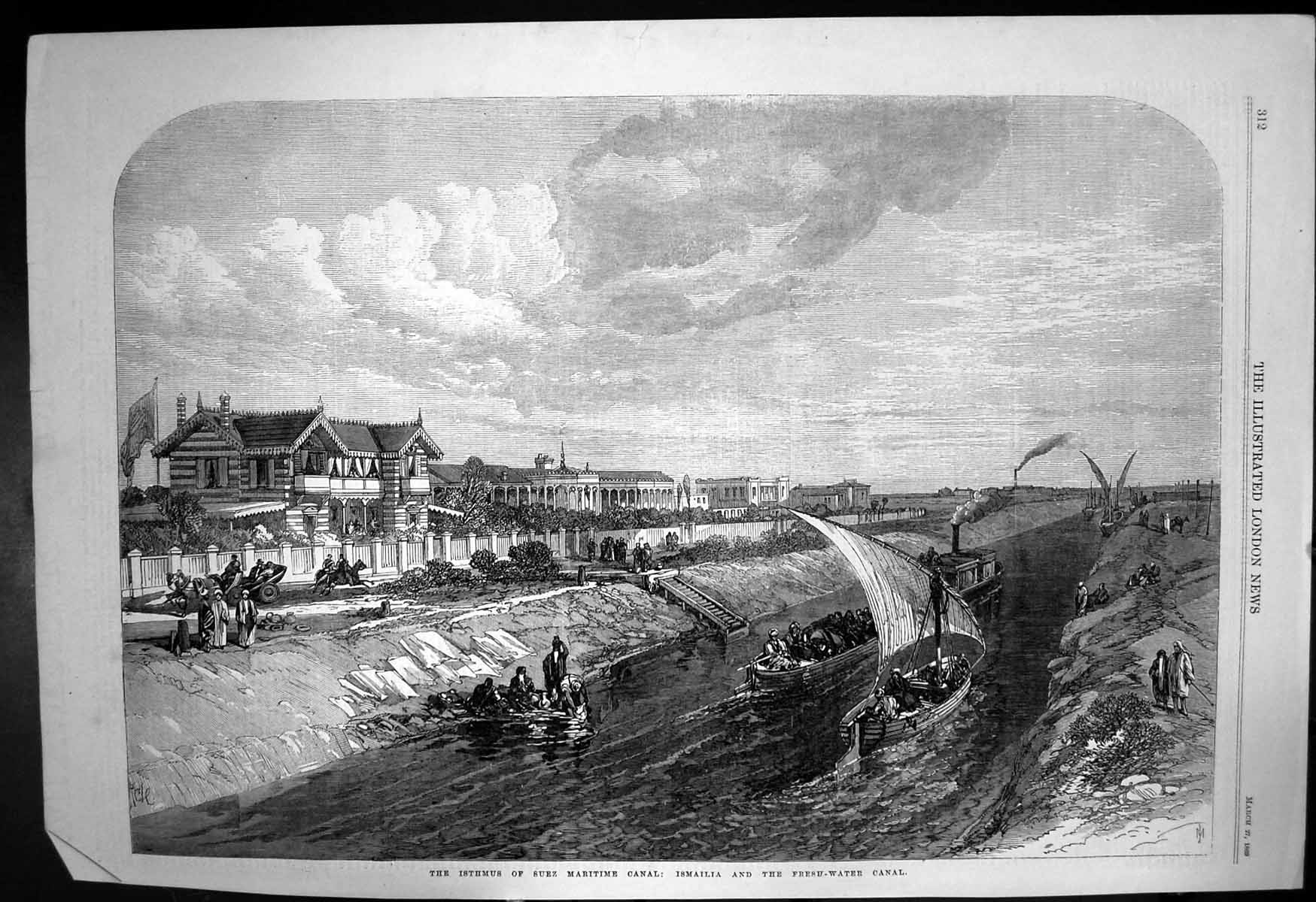 Original Old Antique Print Ismalia Fresh Water Canal Isthmus Suez Canal 1869