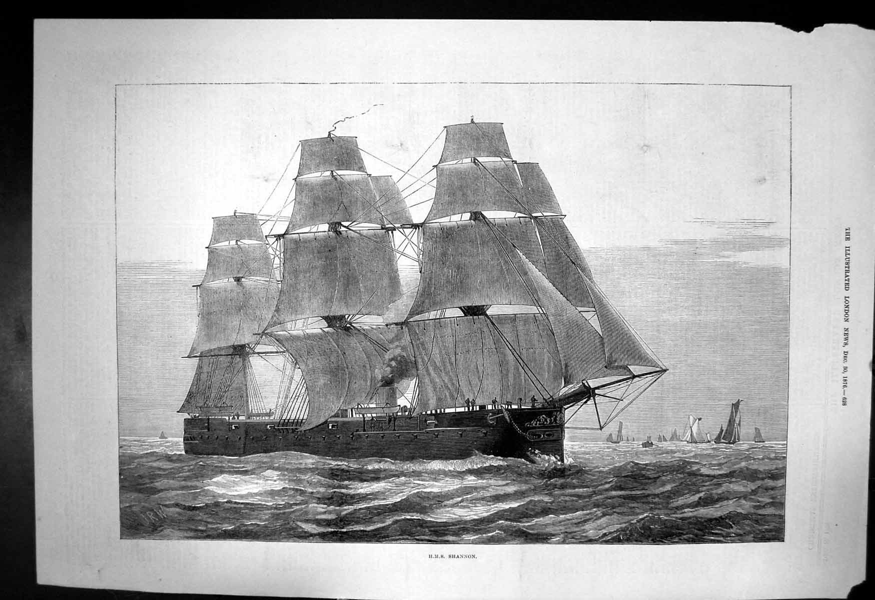 Original Old Antique Print H M S Shannon Ship Full Sail 1876 19th