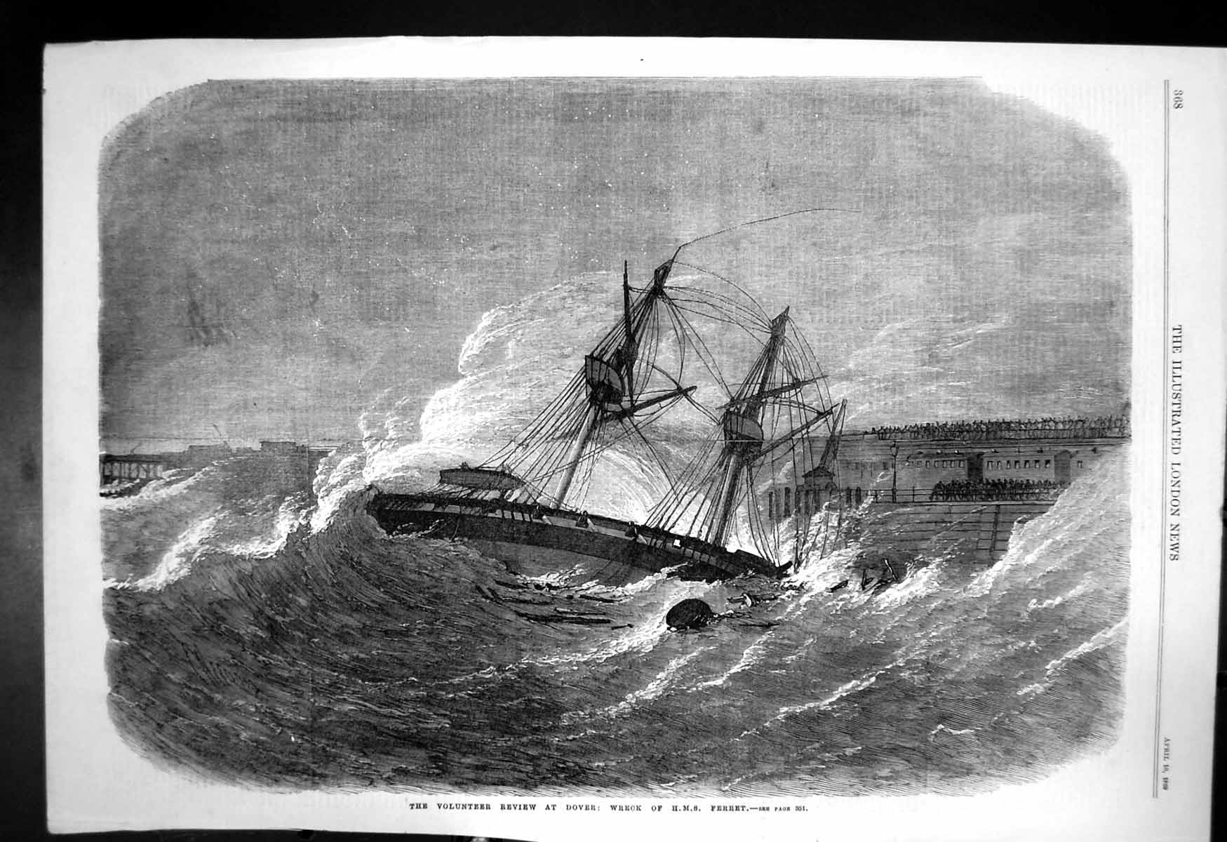 Original Old Antique Print Volunteer Review Dover Wreck Hms Ferret 1869 19th