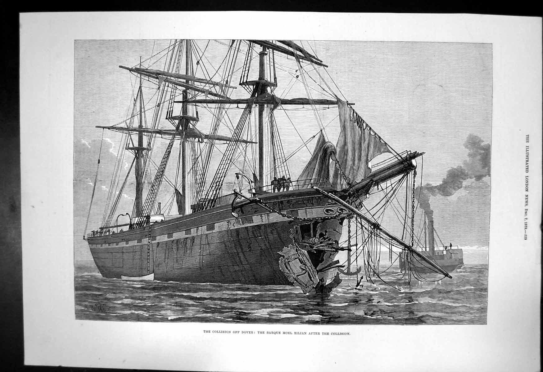Antique Old Print Collision Off Dover Barque Moel Eilian After Collision 1878
