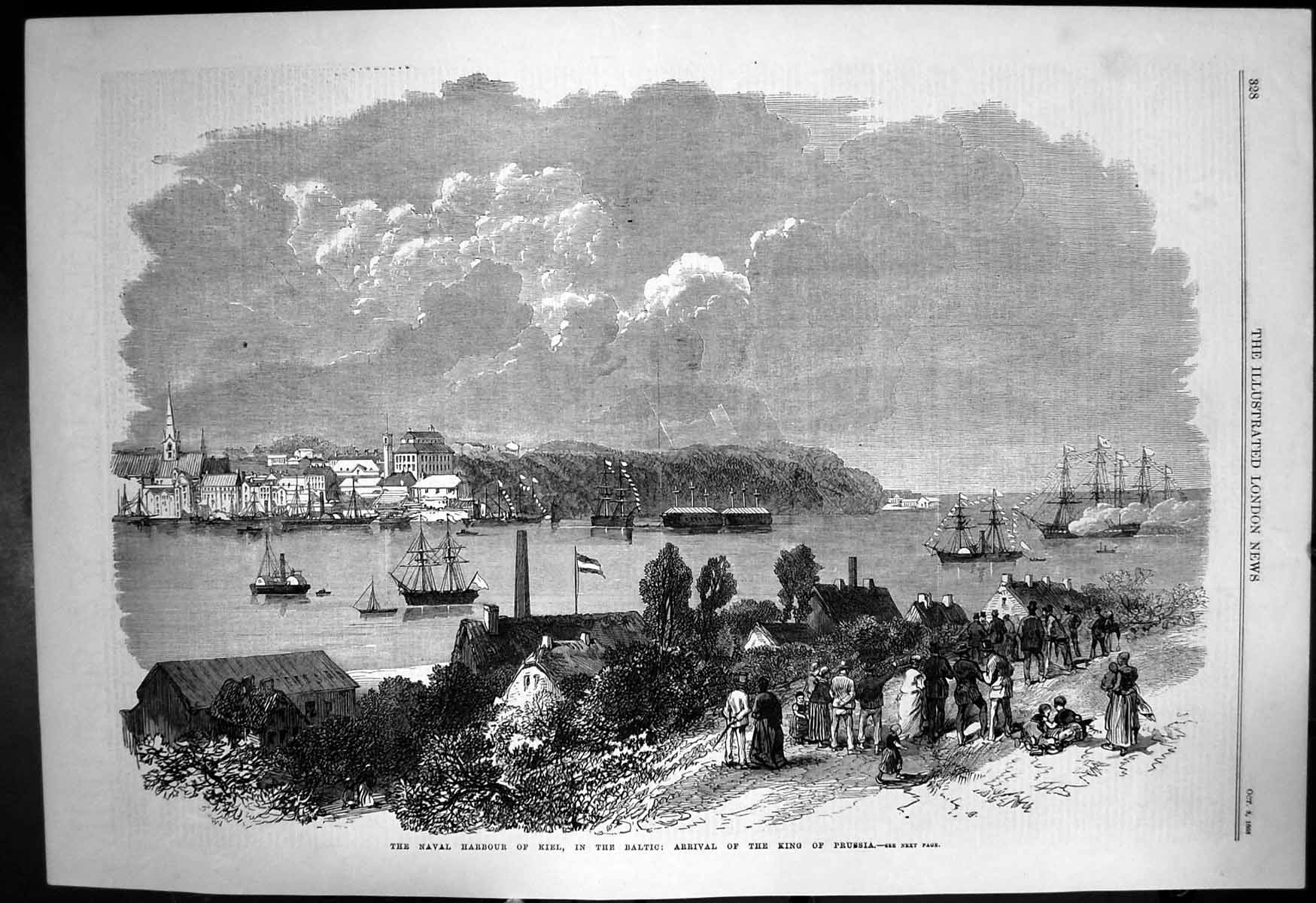 Antique Old Print Naval Harbour Kiel In The Baltic Arrival King Prussia 1868