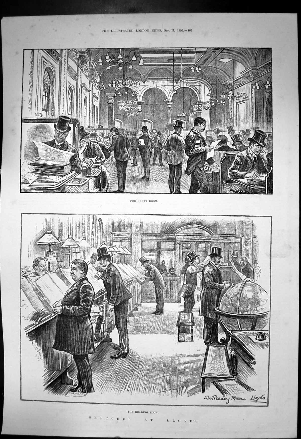 Original Old Antique Print Sketches Lloyds Great Room Reading Room 1890 19th