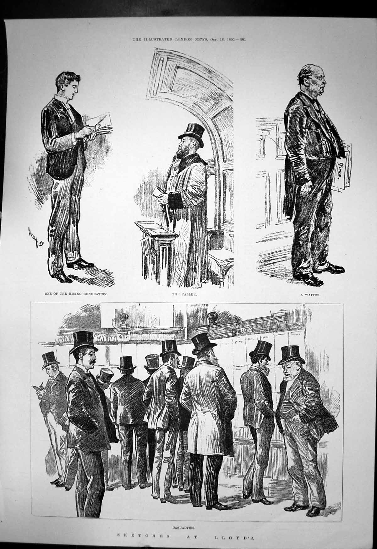 Old Print Sketches Lloyds Rising Generation Caller Waiter Casualties 1890 19th