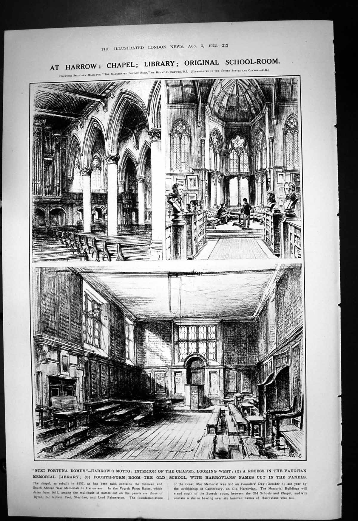 Old Vintage Print Harrow Chapel Library School Room Harrovians Names 1922 20th