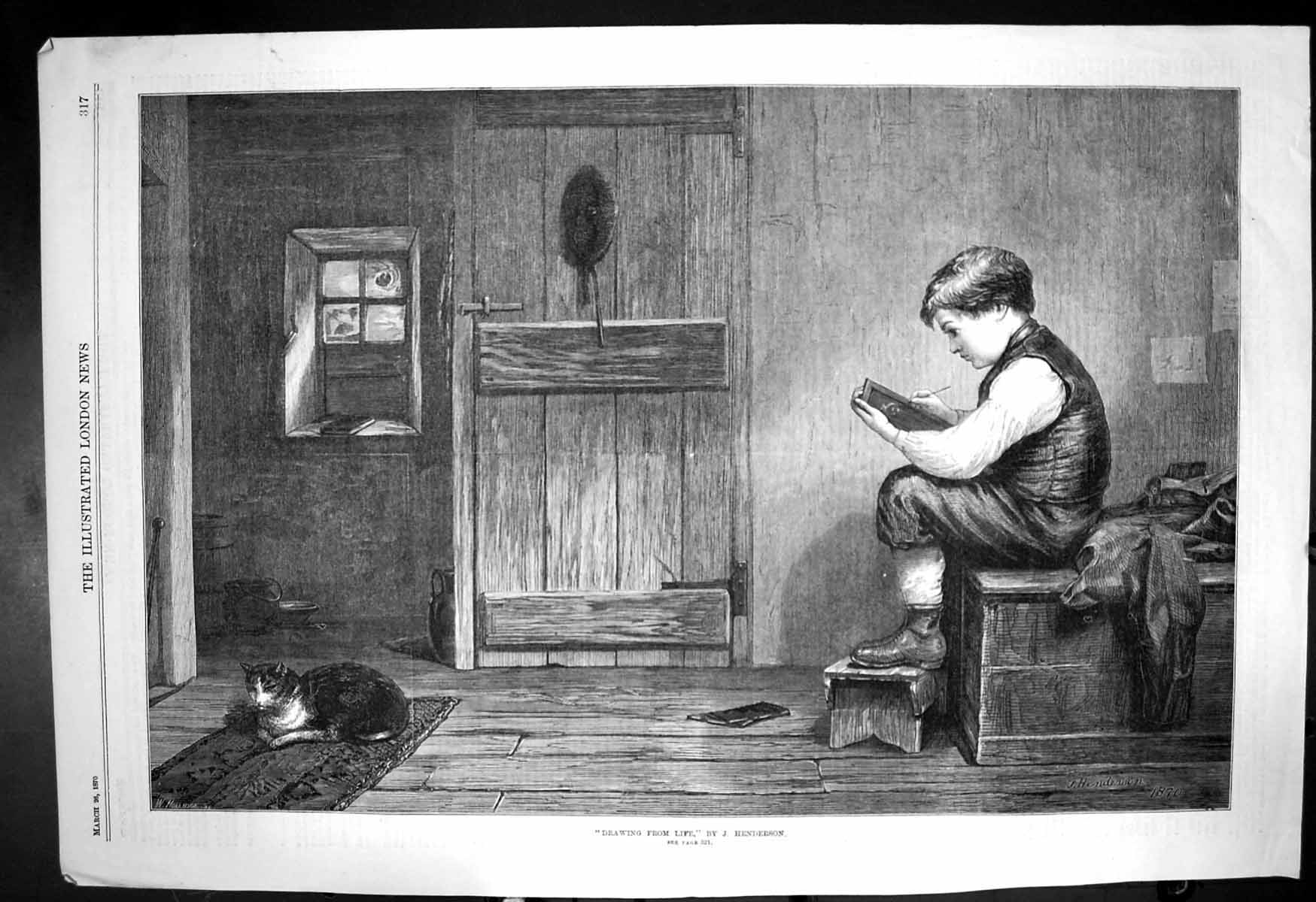 Antique Print Drawing From Life J Henderson Boy Writing Slate Cat Mat 1870 19th