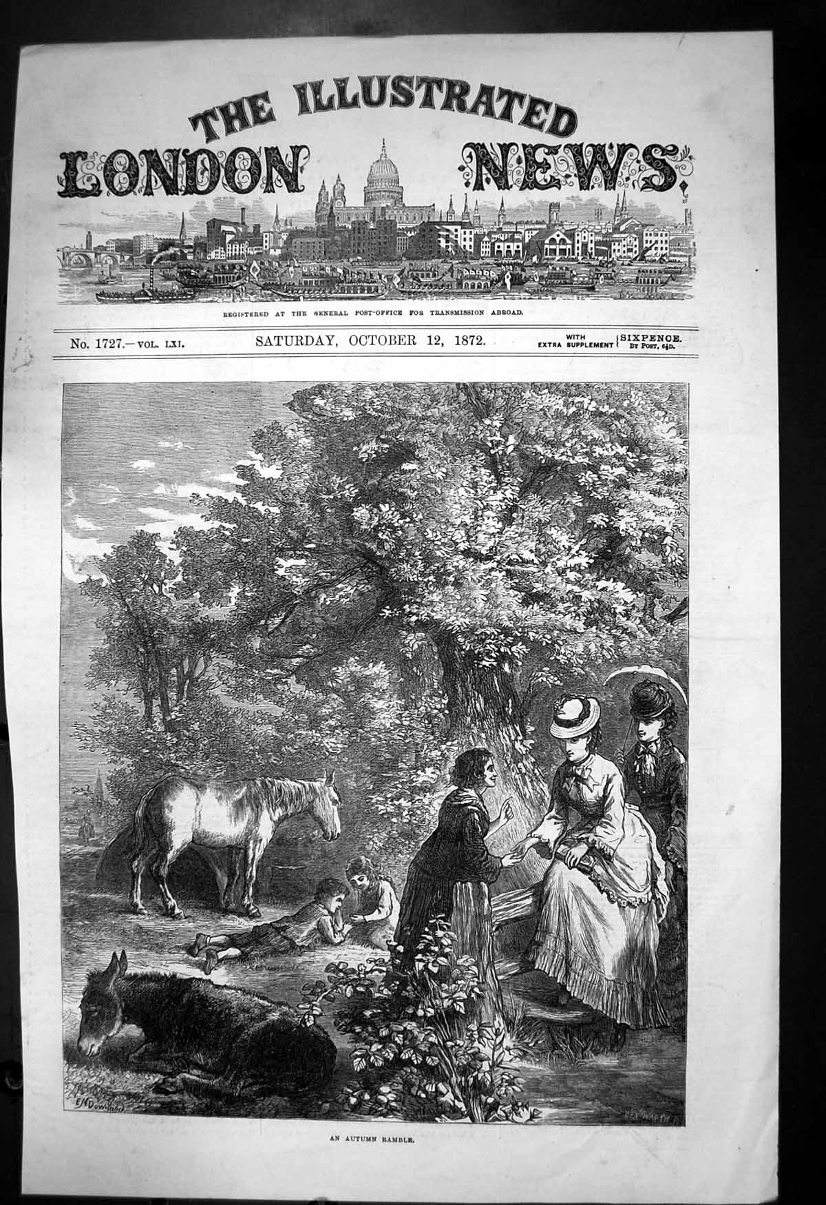 Antique Old Print Autumn Ramble Wentworth Women Children Horse Donkey 1872 19th