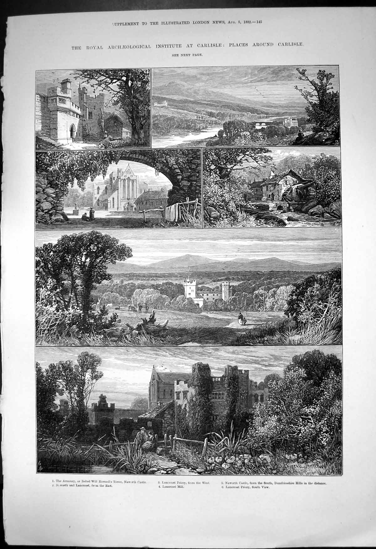Antique Old Print Carlisle Naworth Castle Armoury Lanercost Priory Mill 1882