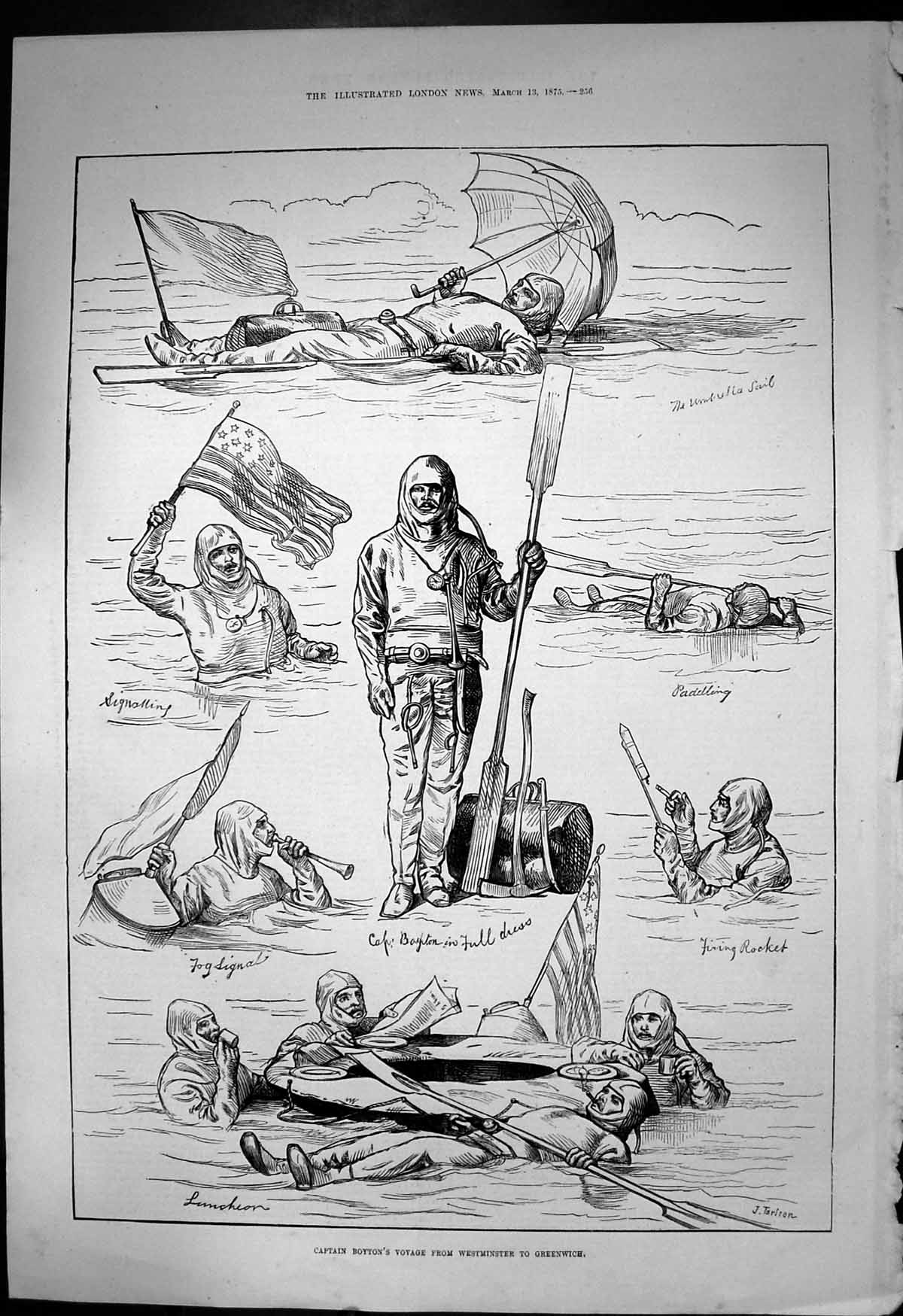 Antique Old Print Captain Boytons Voyage Westminster Greenwich J Tarlton 1875