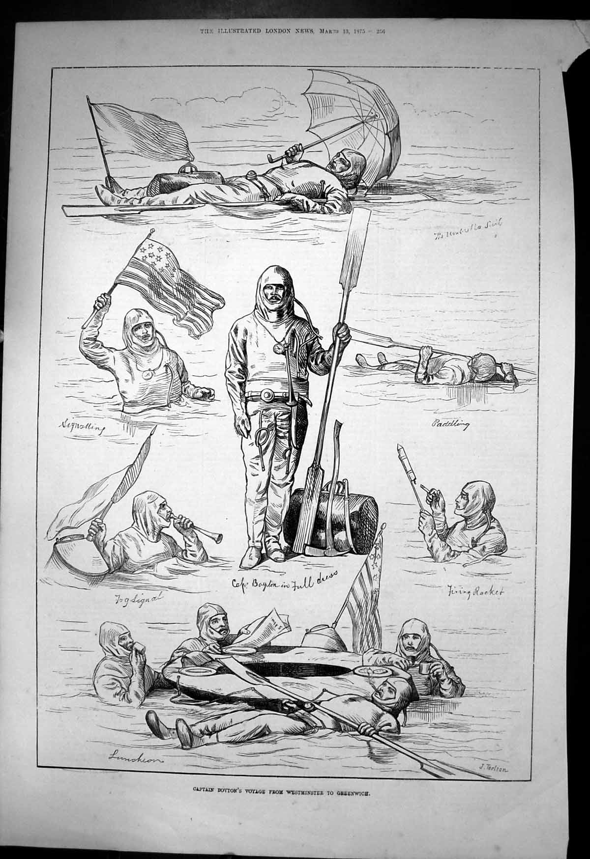 Antique Old Print Captain Boytons Voyage Westminster Greenwich Paddling 1875