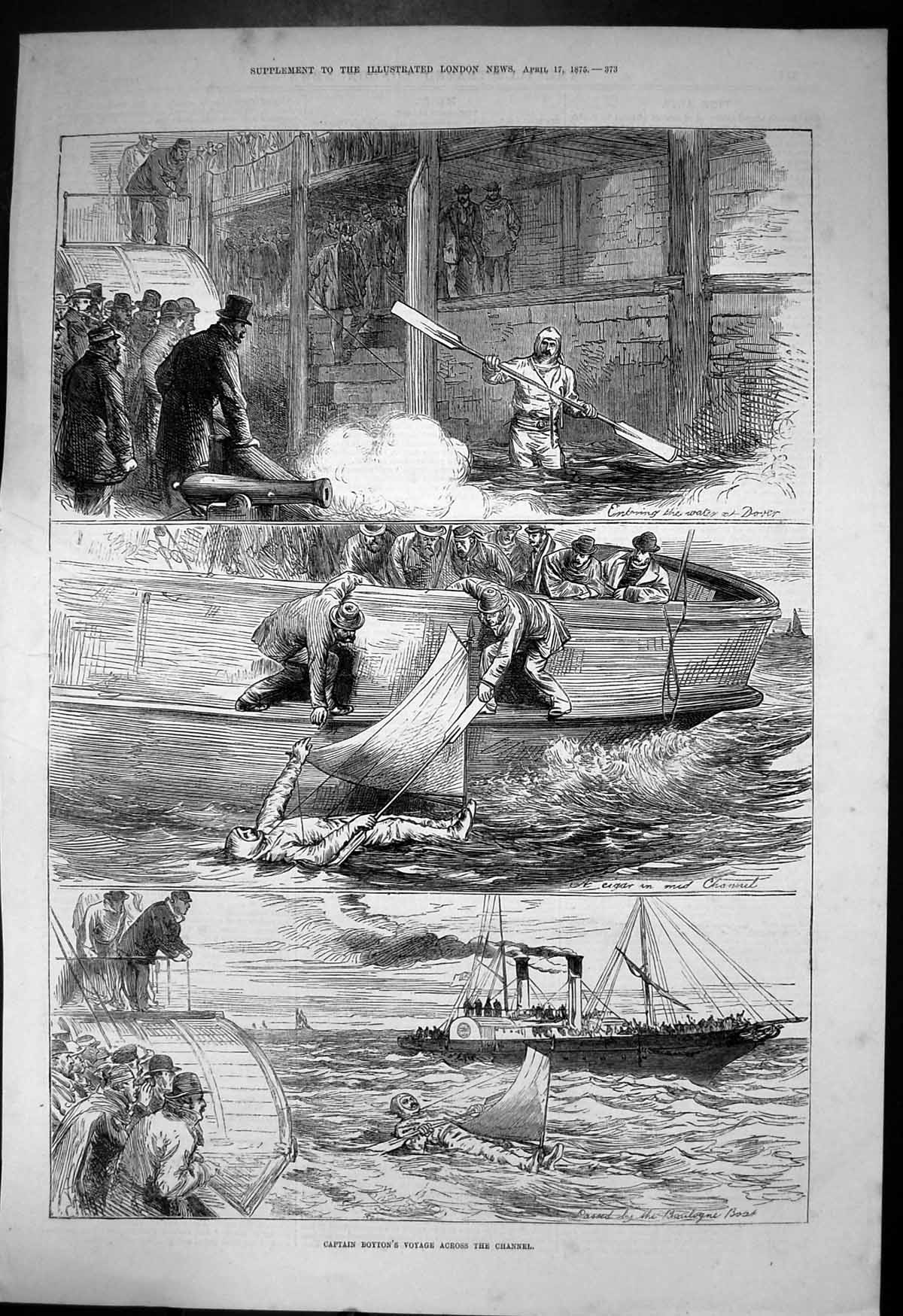 Antique Print Captain Boytons Voyage Across Channel Cigar Mid Channel 1875 19th