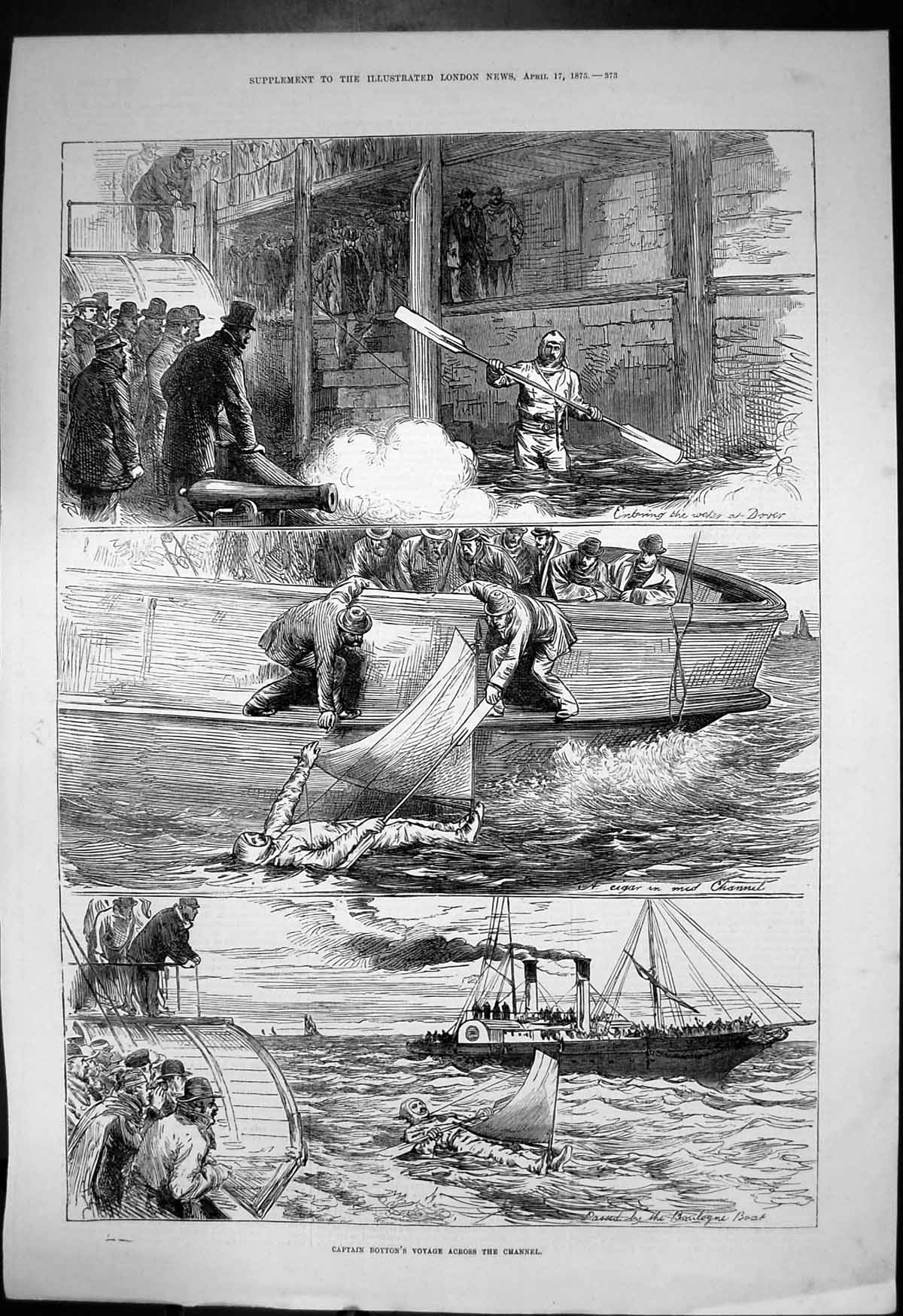 Old Print Captain Boytons Voyage Across Channel Entering Water Dover 1875 19th
