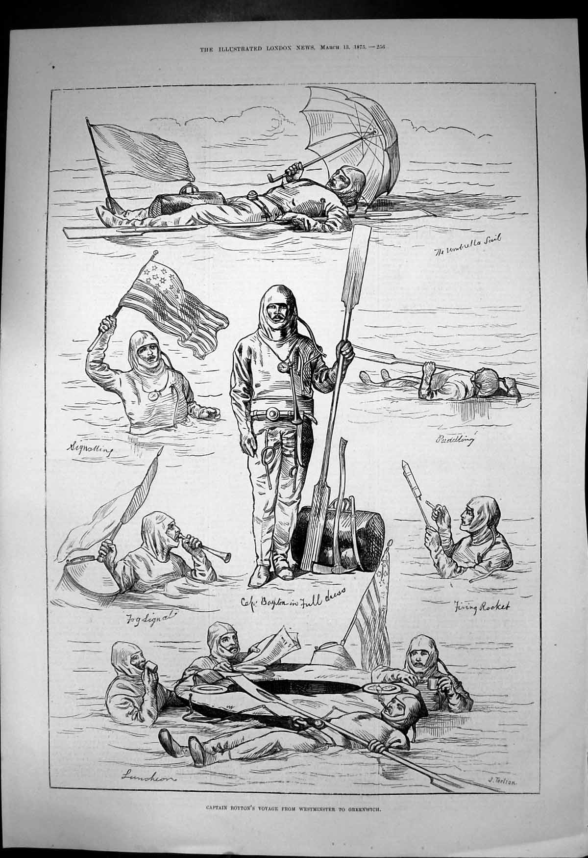 Old Print Captain Boytons Voyage Westminster Greenwich Umbrella Sail 1875 19th