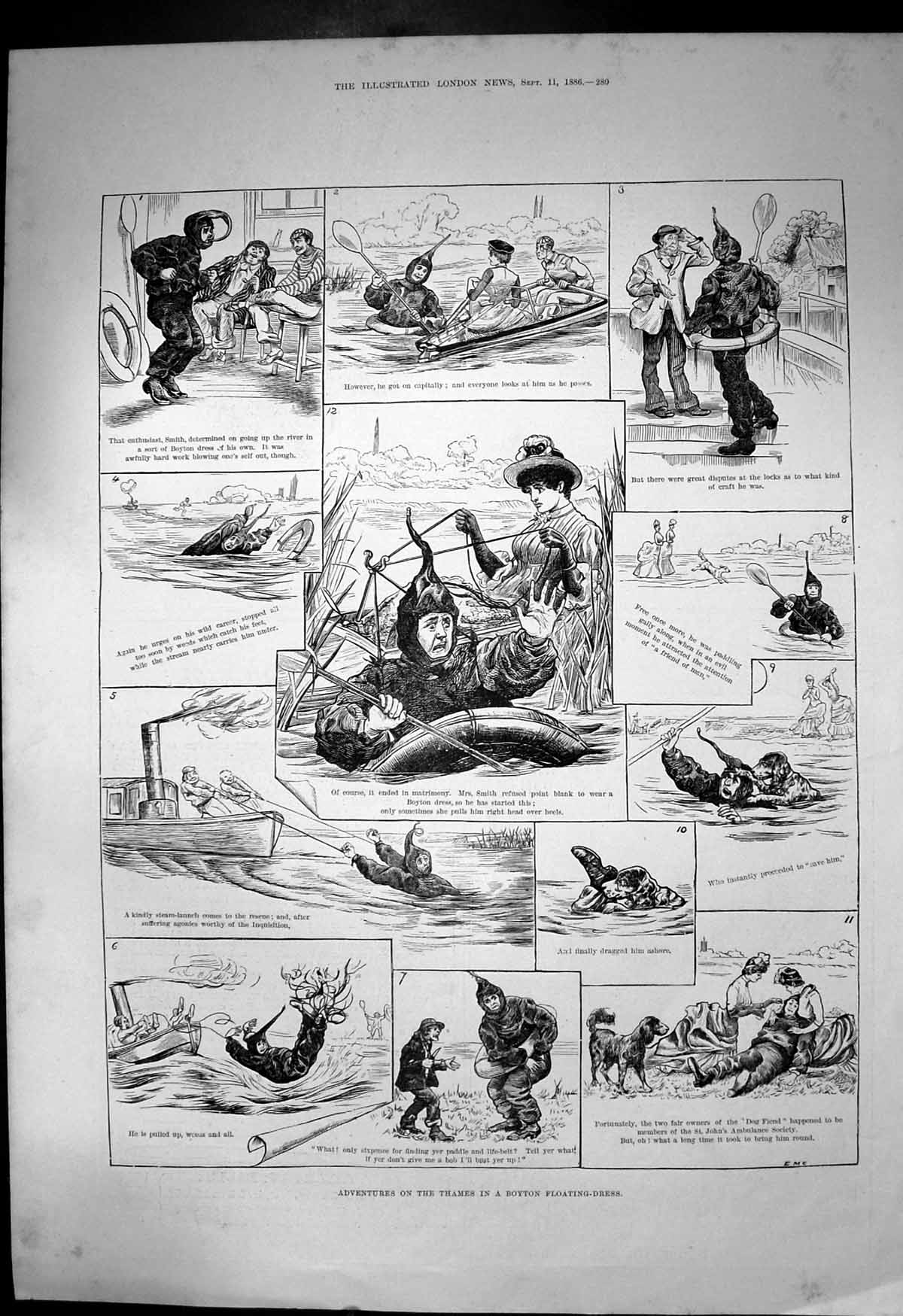 Antique Old Print Adventures Thames Boyton Floating Dress Dragged Ashore 1886