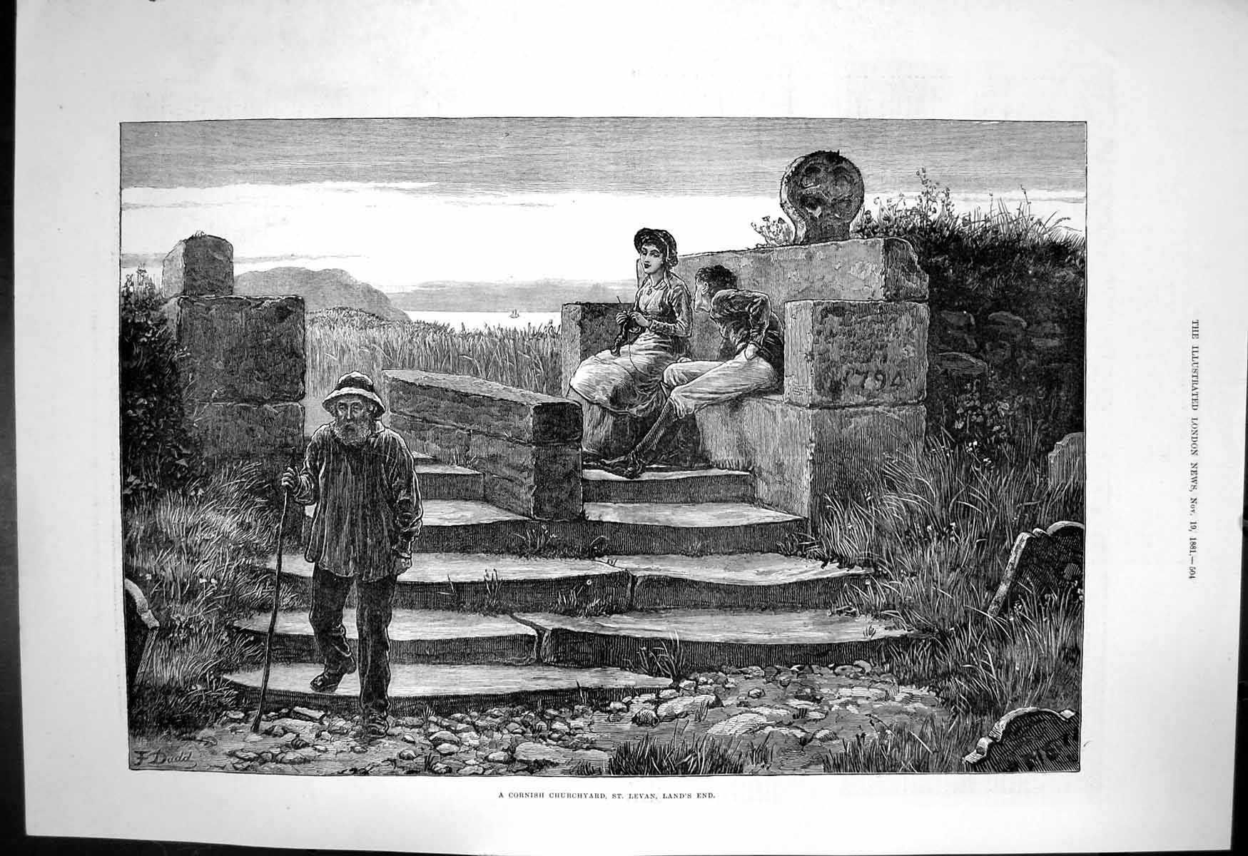 Original Old Antique Print Cornish Churchyard St Levan Lands End Man Stick 1881