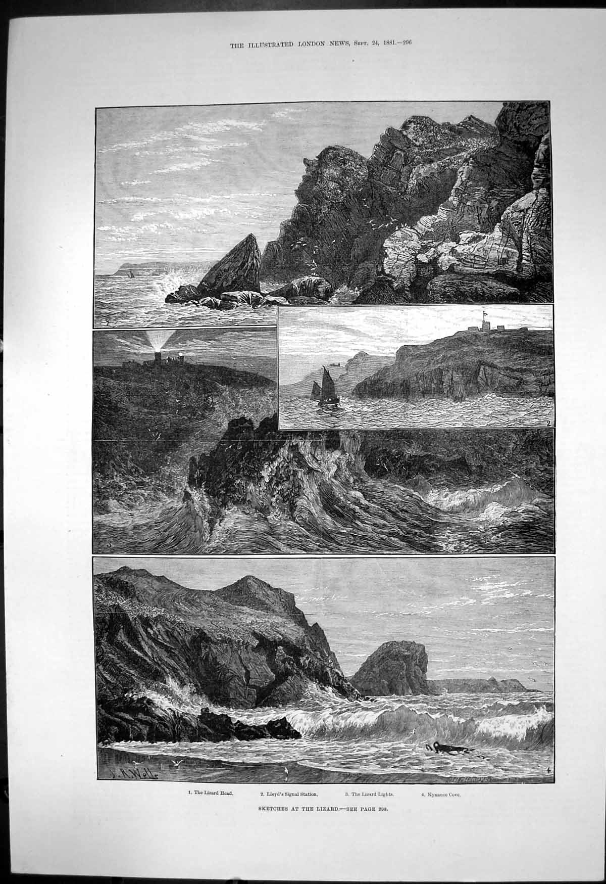 Antique Print Sketches Lizard Head Lloyds Signal Station Kynance Cove 1881 19th
