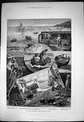 Old Print Fishing Industries Crab Fishing Cornwall Lobster Crab Pots 1883 19th