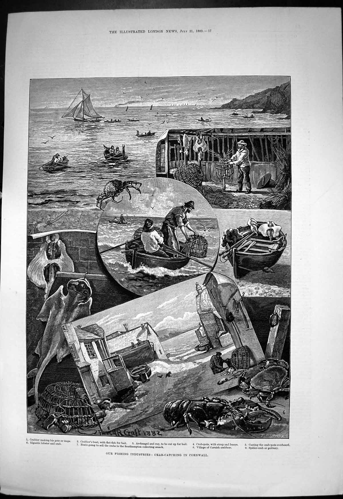 Old Print Fishing Industries Crab Fishing Cornwall Lobster Crab Pots 1883 19th