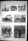 Original Old Antique Print Portsmouth Church Dock Floating Bridge Fountain 1882