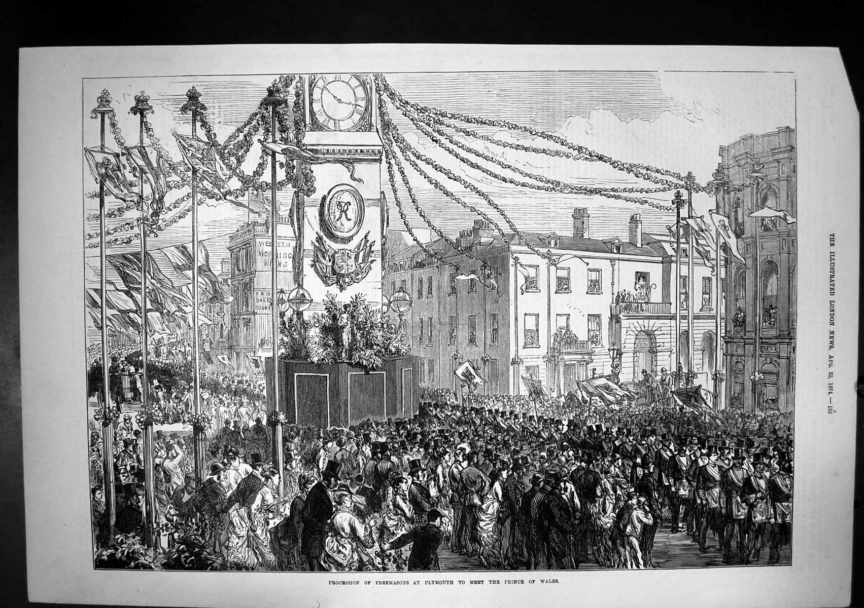Original Old Antique Print Procession Freemasons Plymouth Prince Wales 1874