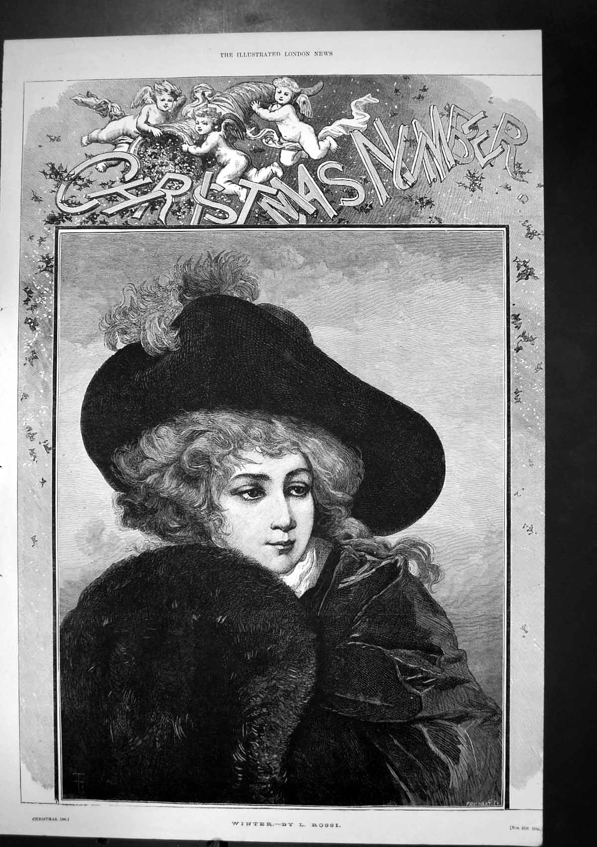Old Antique Print Winter L Rossi Girl Feather In Hat Fur Stole Curls 1880 19th