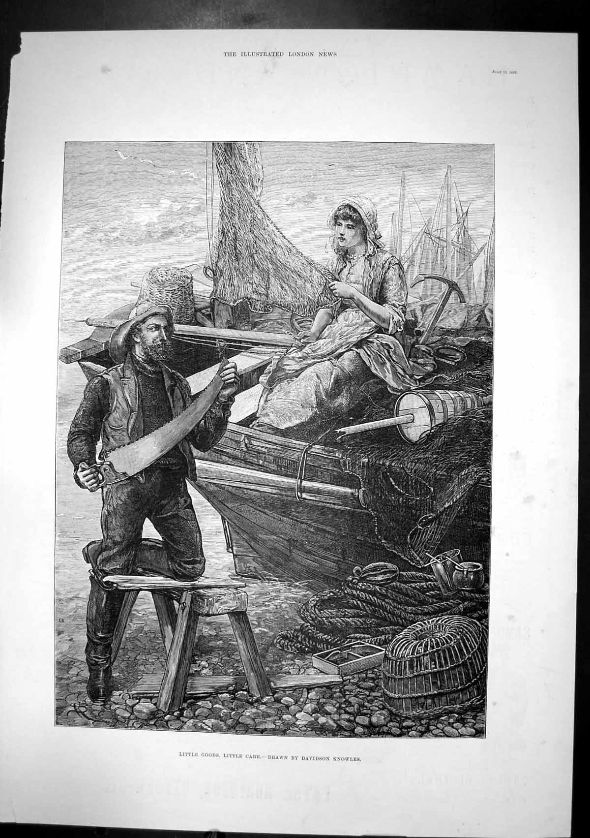 Antique Old Print Little Goods Little Care Davidson Knowles Girl Boat 1885 19th