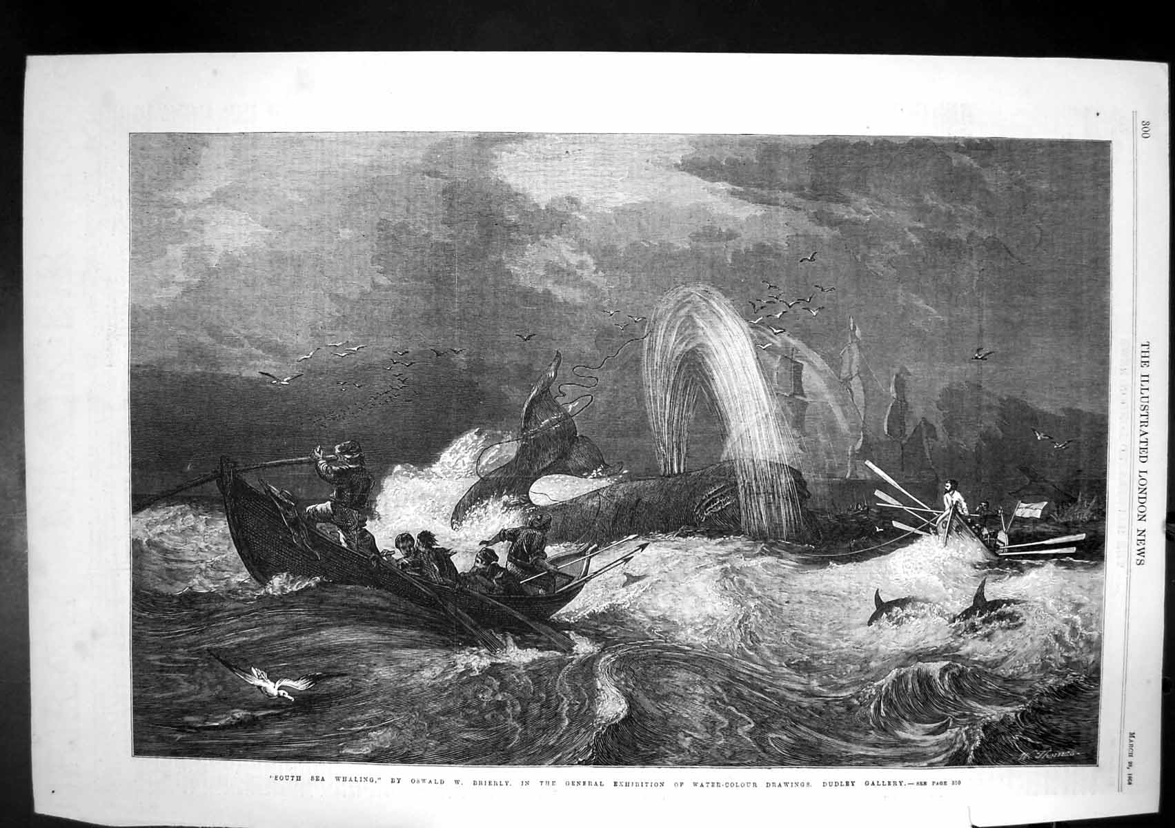Antique Old Print South Sea Whaling Oswald Brierly Dudley Gallery Boats 1868