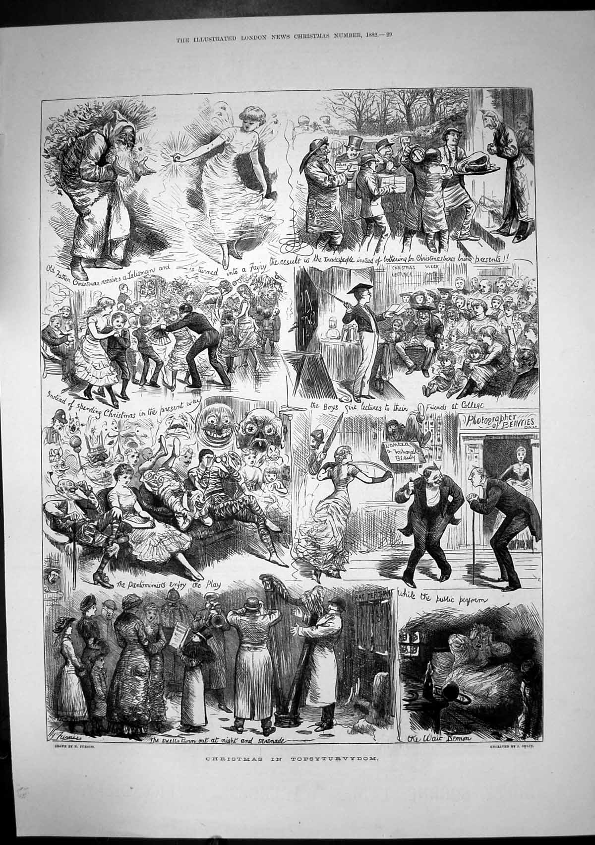 Antique Old Print Christmas Topsyturvydom J Swain Pantomine Serenaders 1882