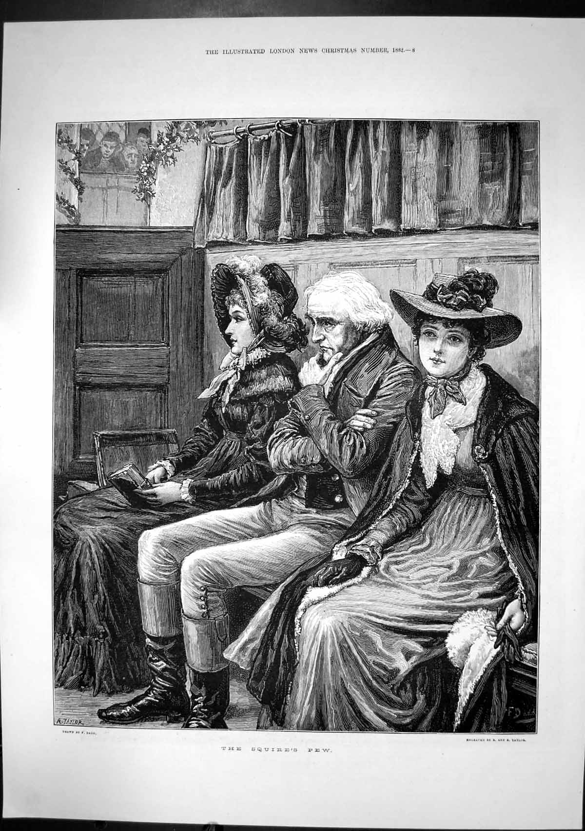 Antique Old Print Squires Pew R Taylor GentLadies Dressed Up Church 1882