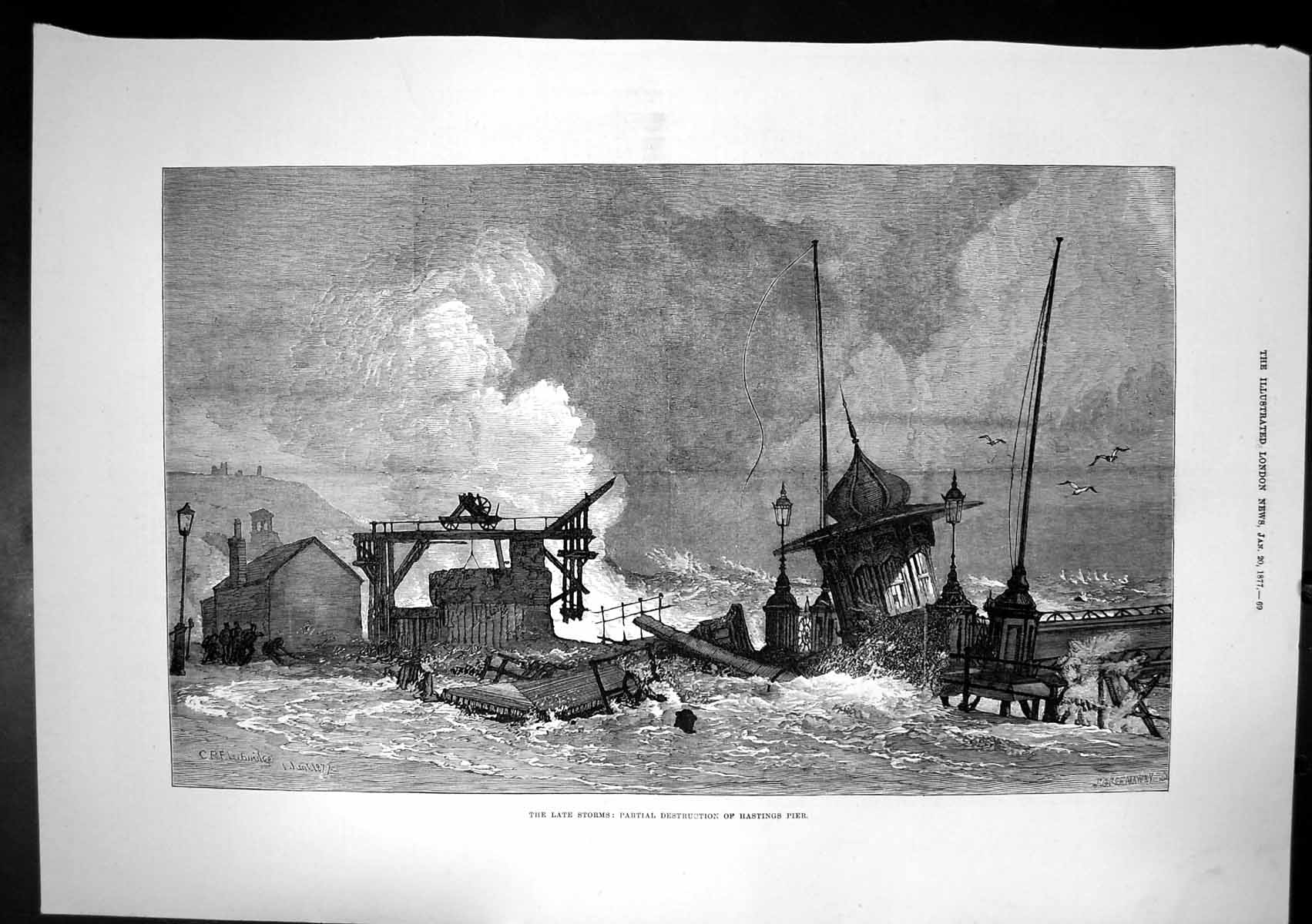 Original Old Antique Print Late Storms Partial Destruction Hastings Pier 1877