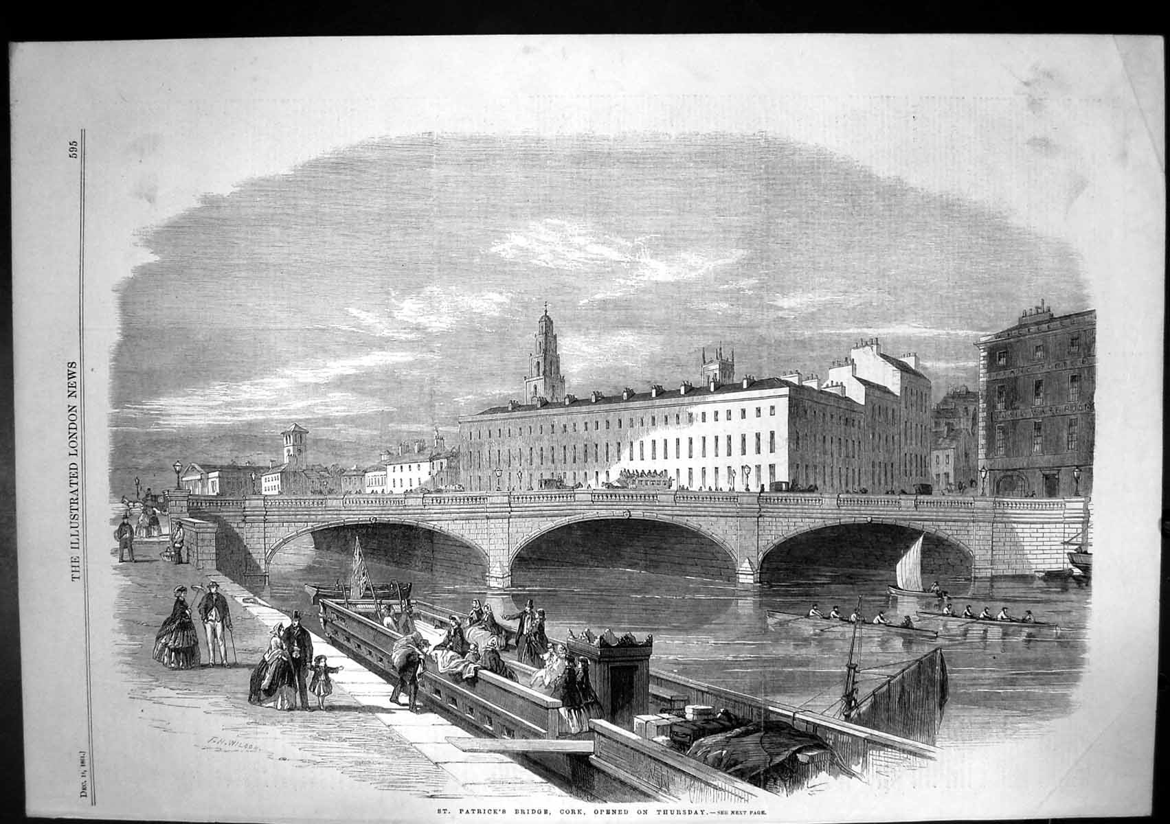 Original Old Antique Print St Patricks Bridge Cork Opened Thursday 1861 19th
