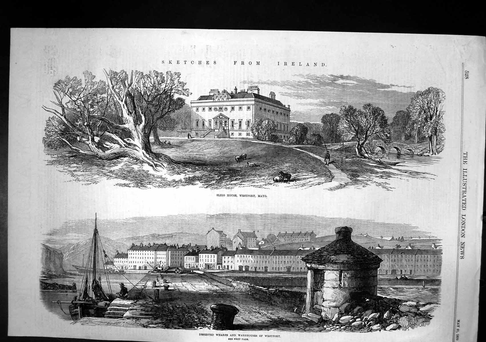Old Antique Print Sligo House Westport Mayo Deserted Wharfs Westport 1870 19th