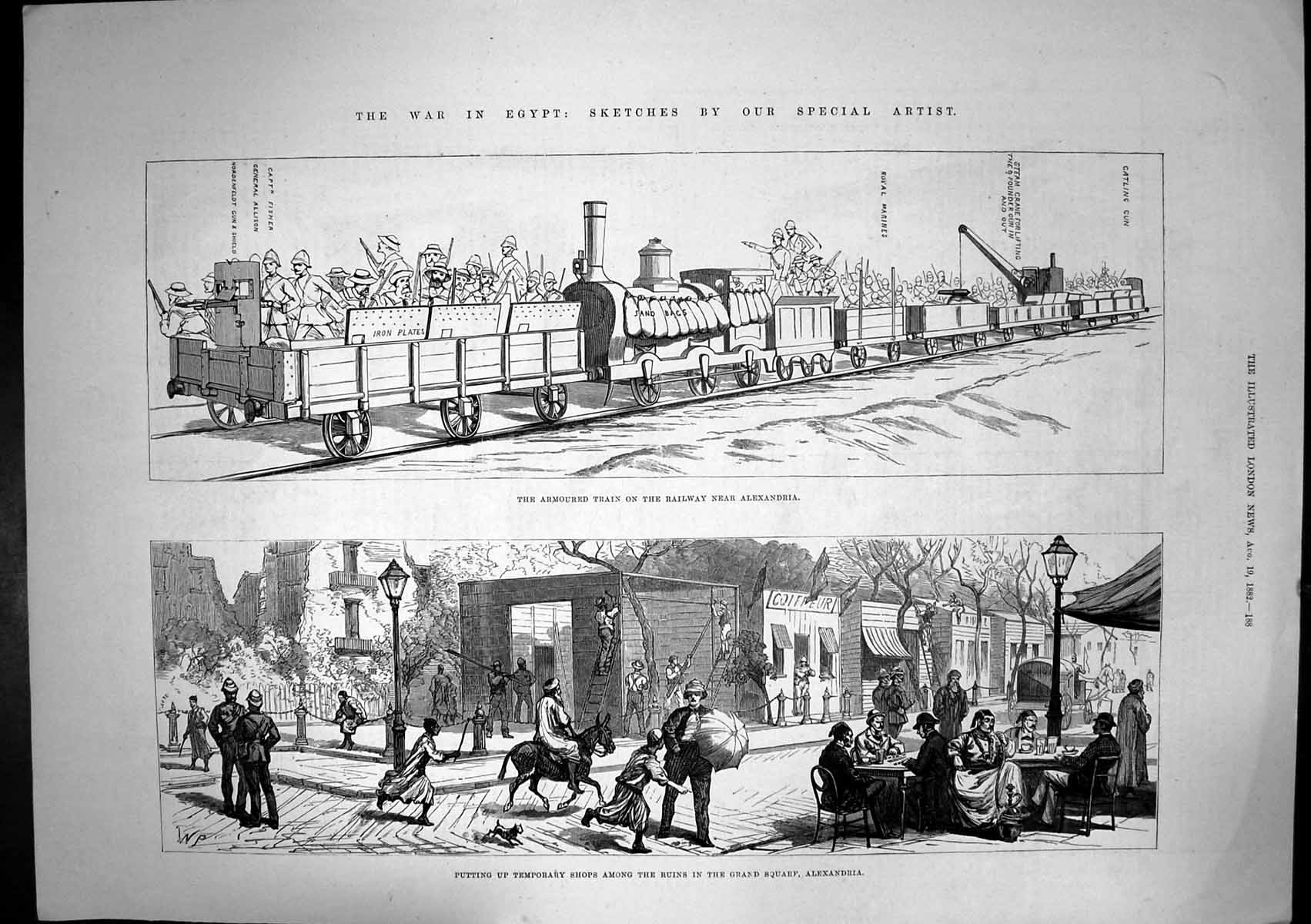 Old Antique Print Shops Ruins Grand Squarf Alexandria Armoured Train 1882 19th