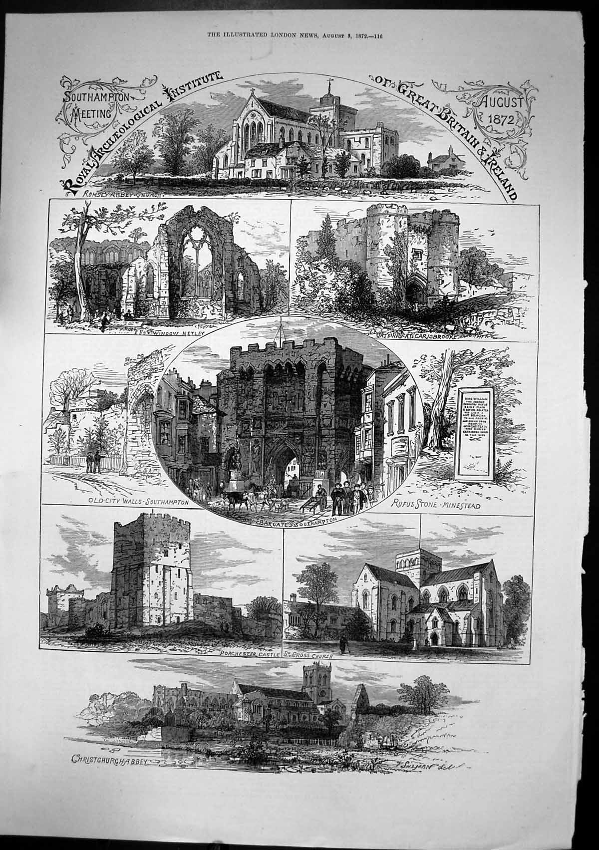 Antique Old Print Archaeological Meeting Southampton Christchurch Abbey 1872