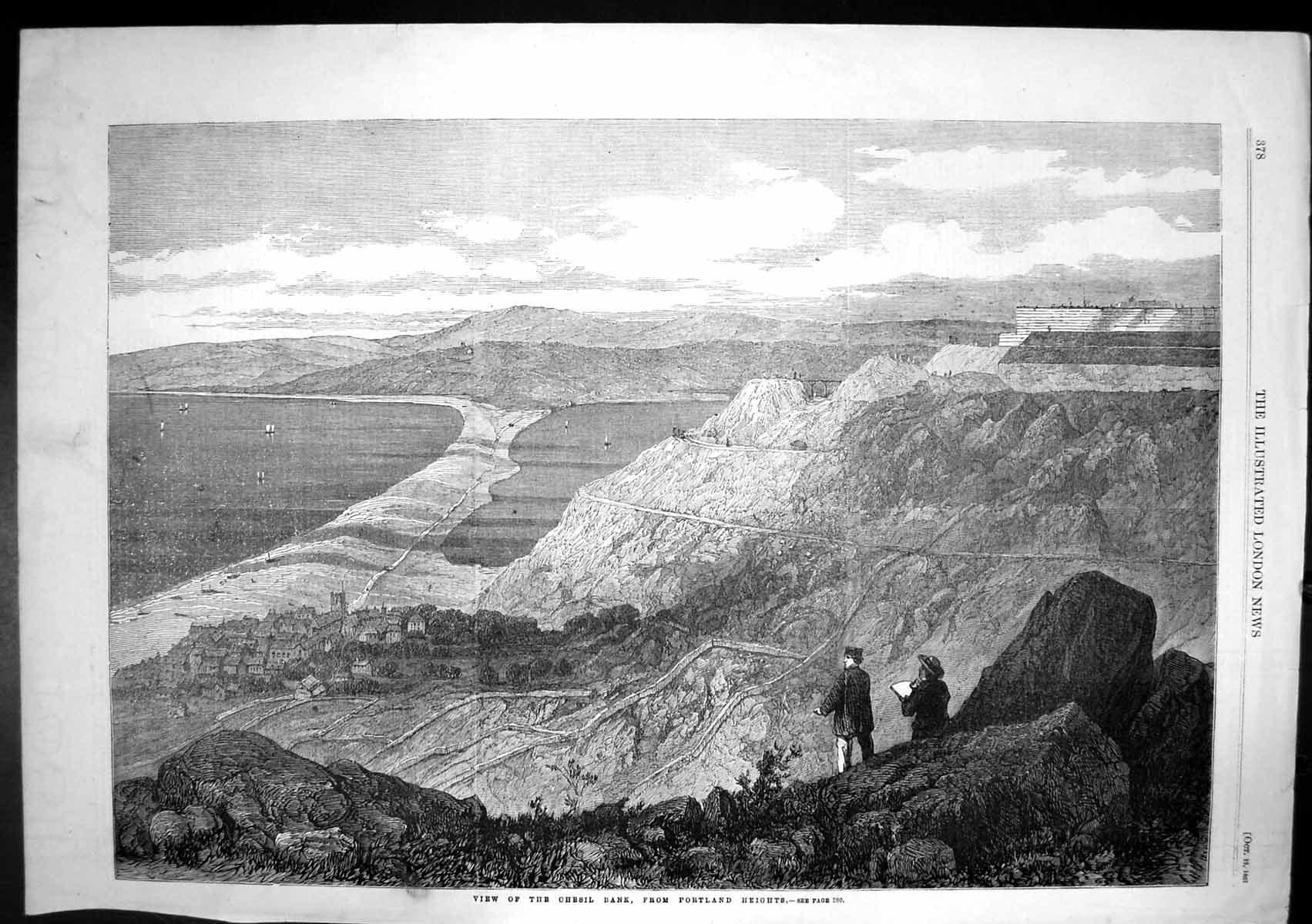 Original Old Antique Print Chesil Bank View Town From Portland Heights 1861