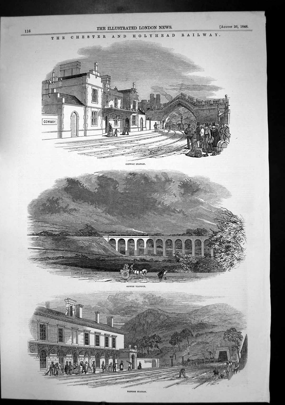 Antique Old Print Chester Holyhead Railway Bangor Station Ogwen Viaduct 1848