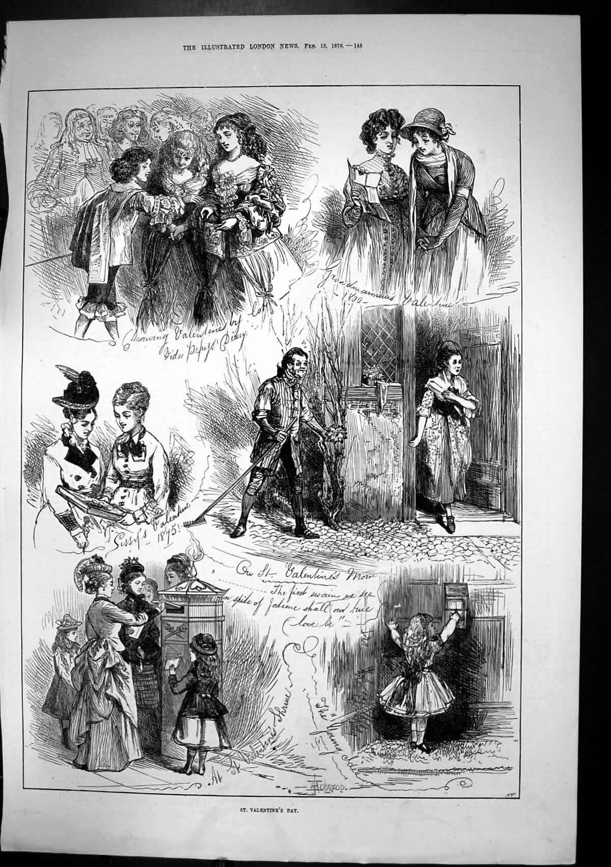 Antique Print St Valentines Day Posting Post Box Letter Box Receiving 1875 19th