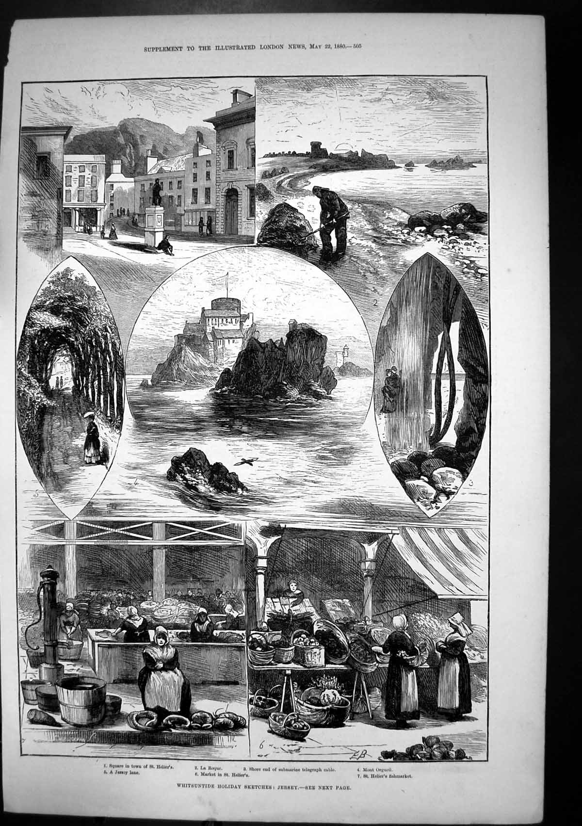 Antique Print Jersey St Helier La Roque Mont Orgueil Fishmarket Square 1880