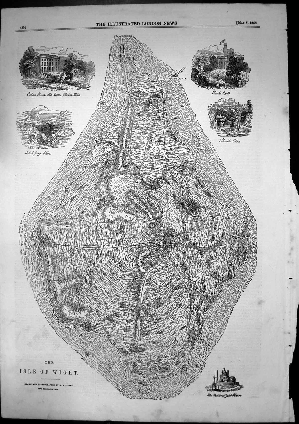 Antique Print Isle Wight Needles Lighthouse Osborn House Hambro Castle 1858