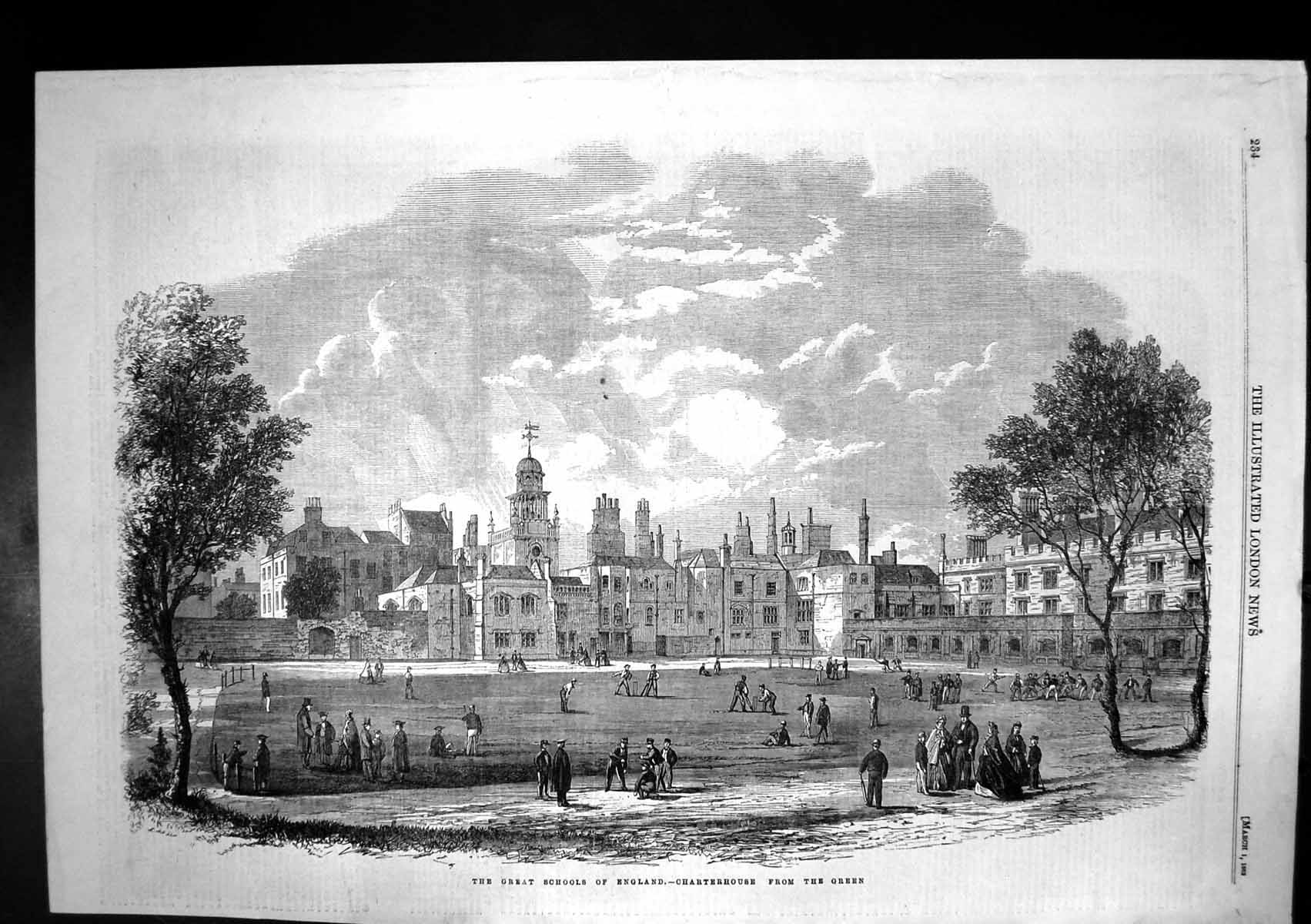 Original Old Antique Print Great Schools England Charter House From Green 1862