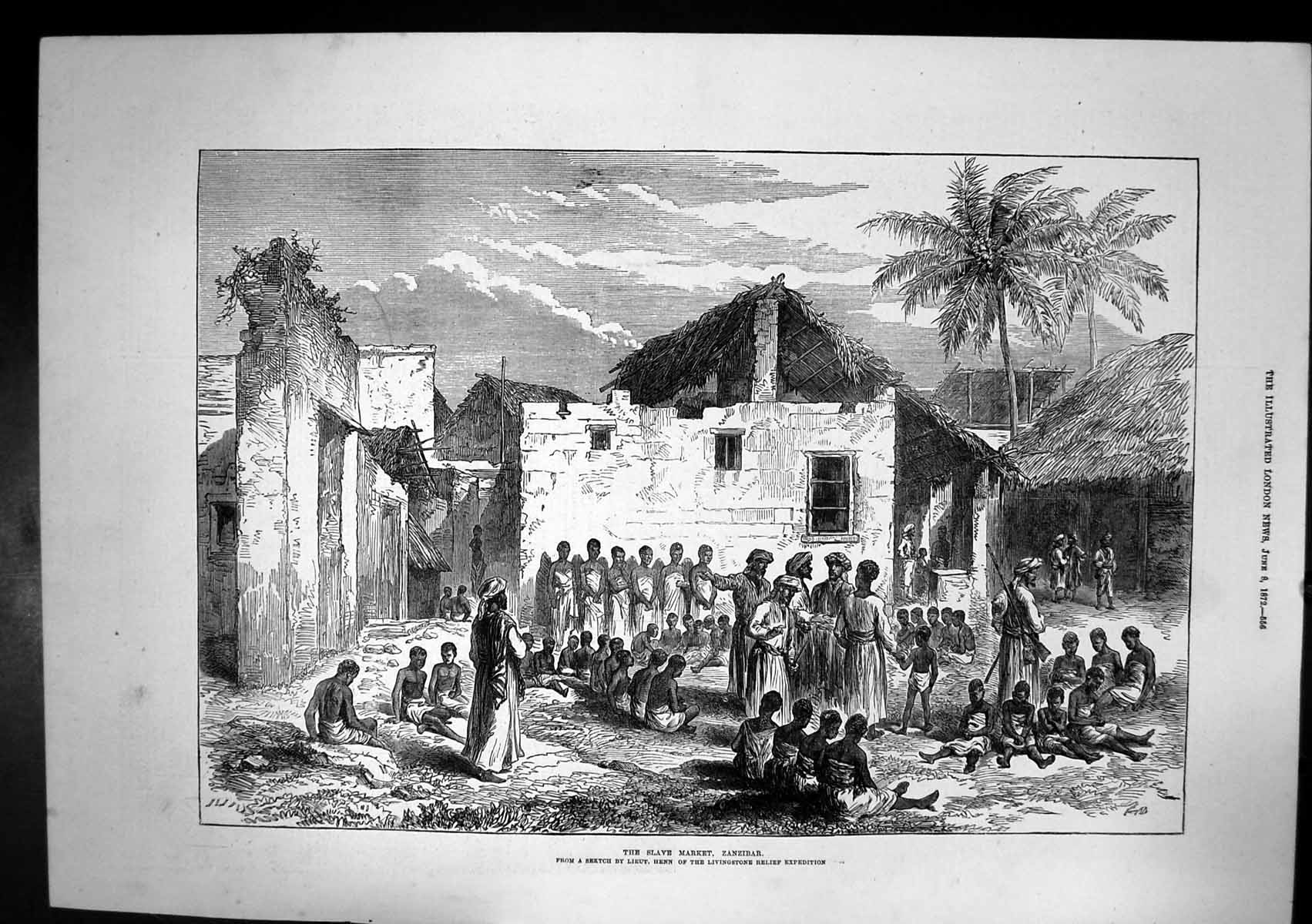 Old Print Slave Market Zazibar Lt Henn Livingstone Relief Expedition 1872 19th