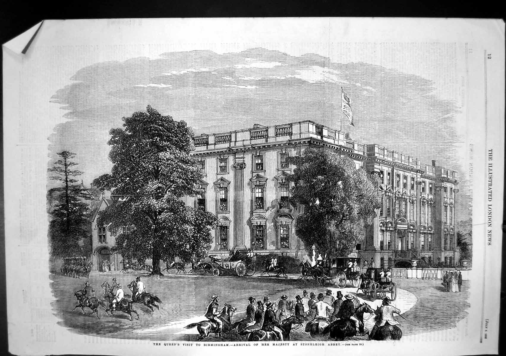 Old Antique Print Queens Visit Birmingham Arrival Stoneleigh Abbey 1858 19th