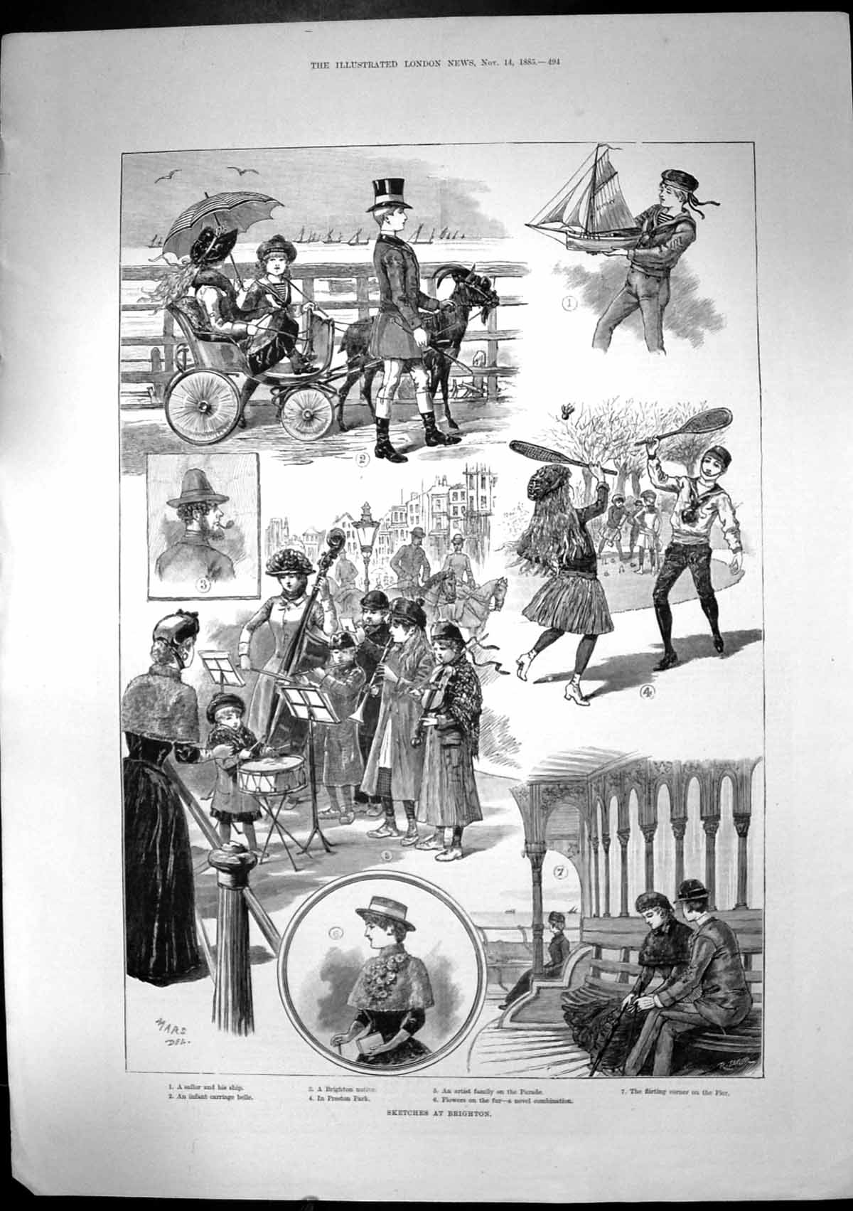 Antique Old Print Brighton Artist Family Parade Pier Preston Park Sailor 1885