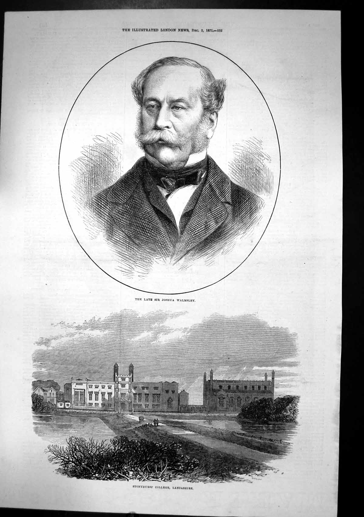 Old Antique Print Stonyhurst College Lancashire Sir Joshua Walmsley 1871 19th