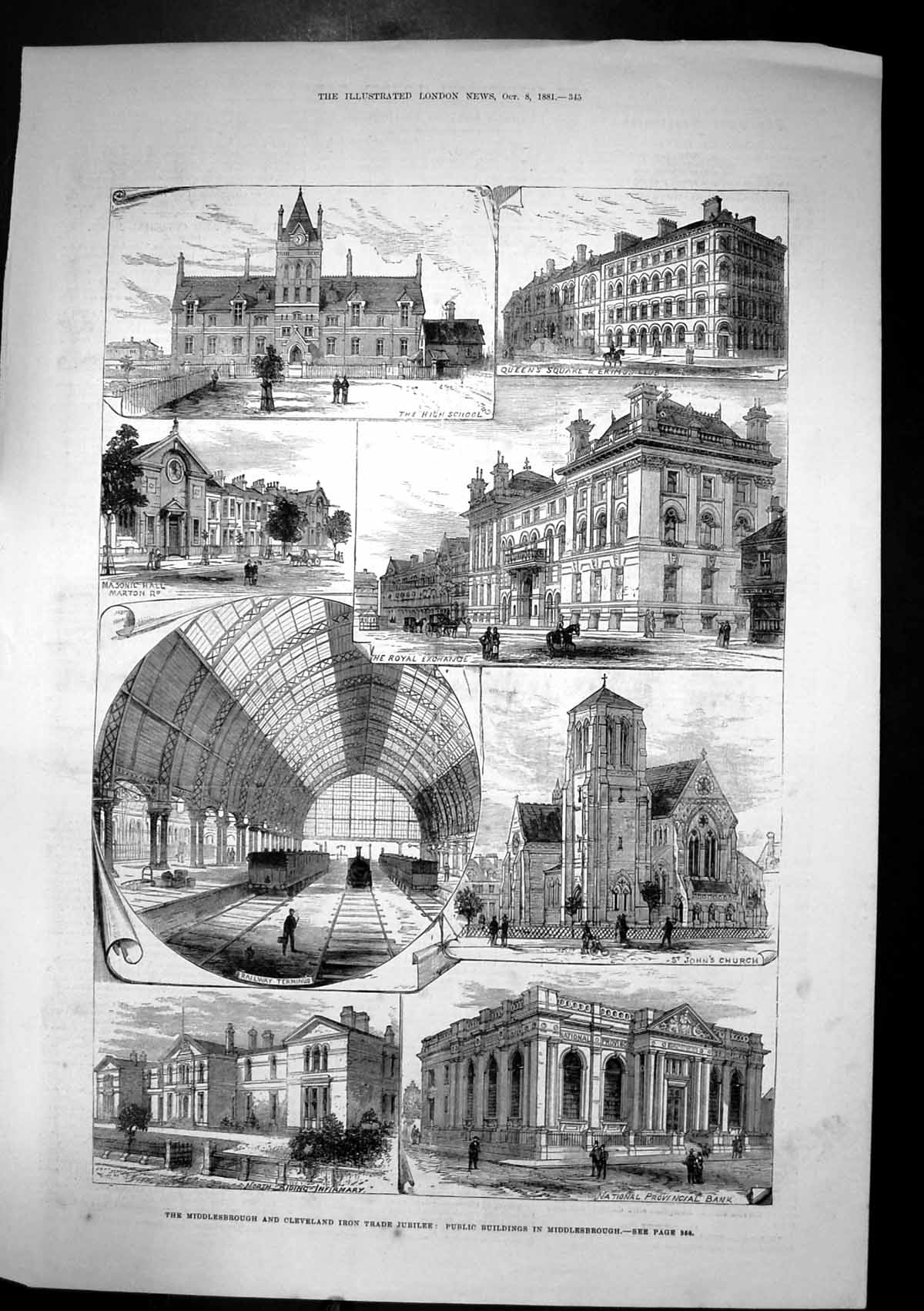 Antique Old Print Middlesbrough Cleveland Iron Trade Jubilee Buildings 1881