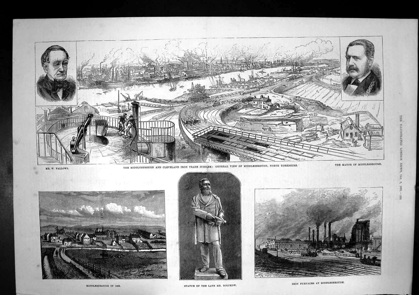 Antique Old Print Middlesbrough Iron Furnaces Mr Bolckow Statue Fallows 1881