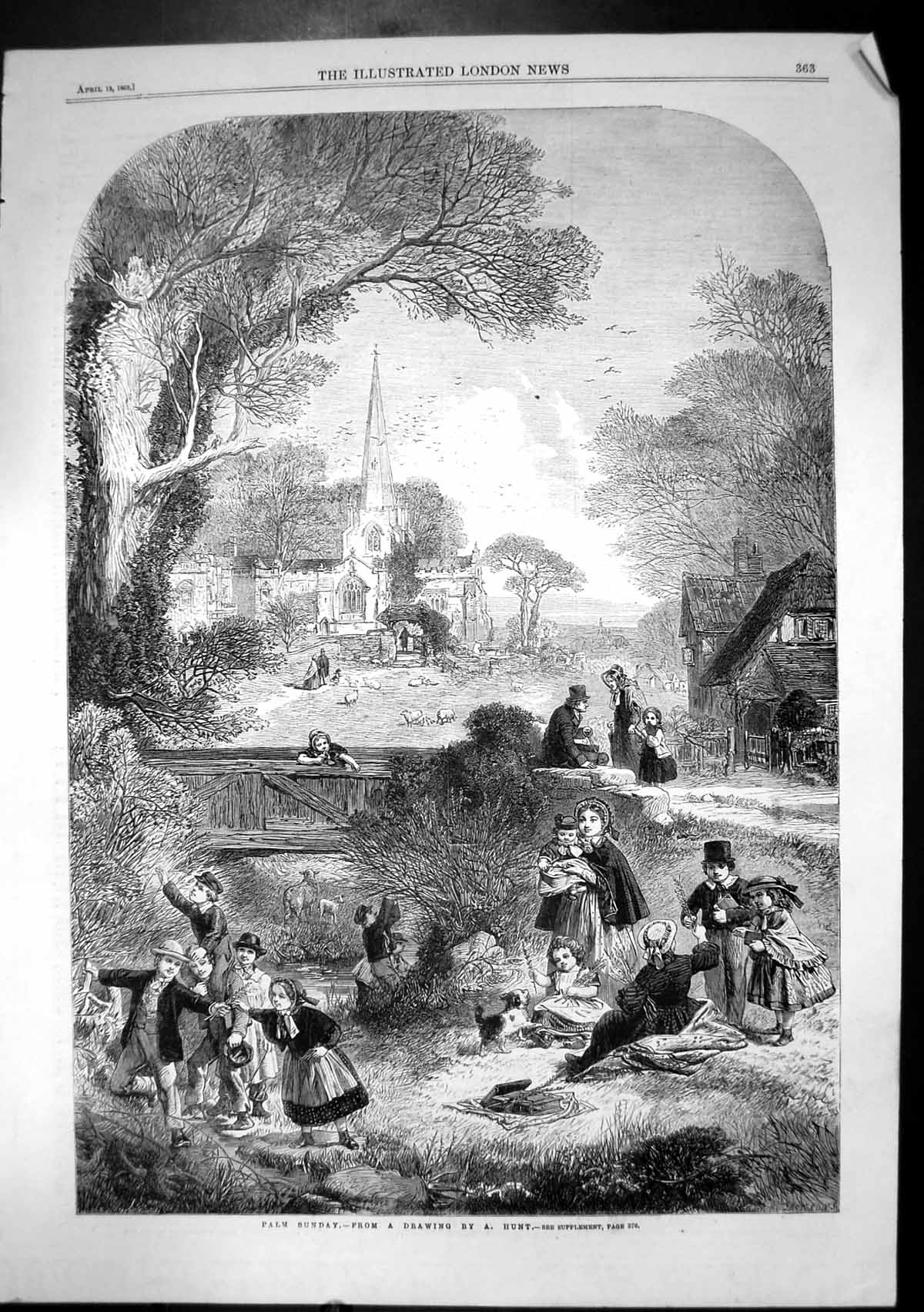 Old Antique Print Palm Sunday A Hunt Villagers Sheep Church Bibles 1862 19th