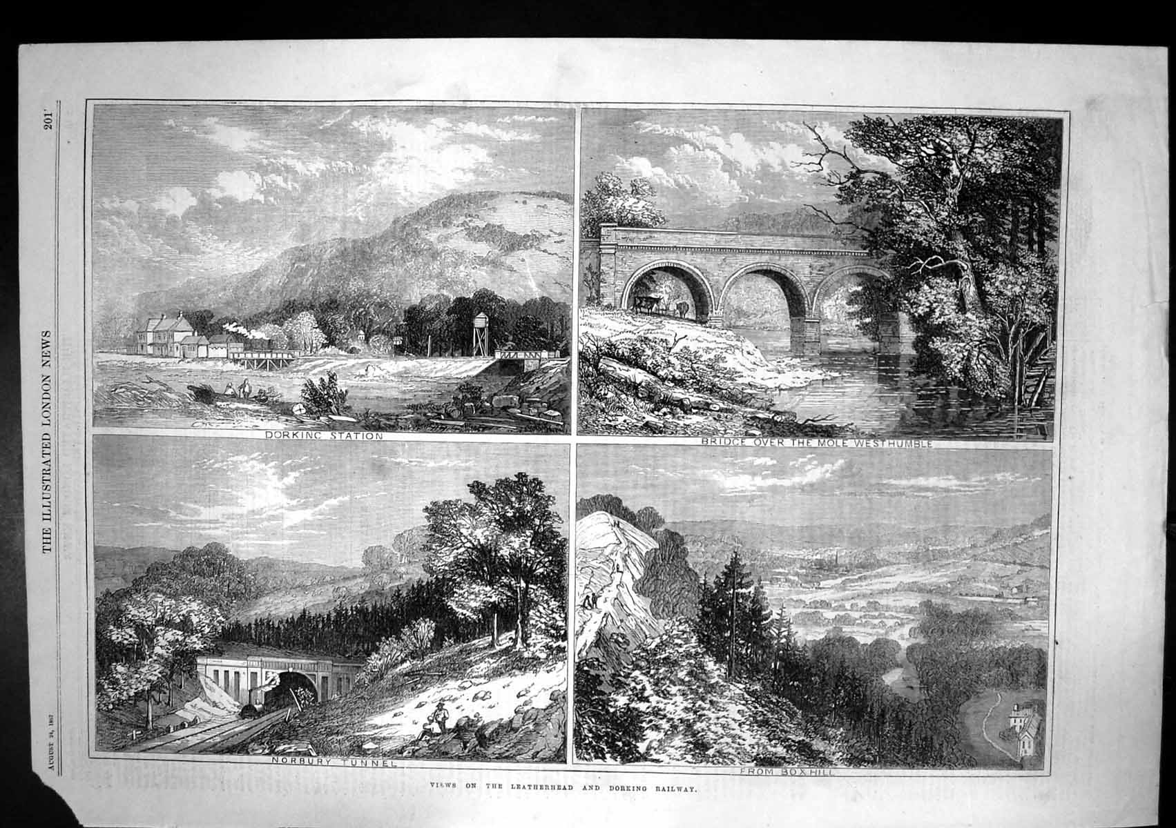 Old Antique Print Leatherhead Dorking Railway Bridge Mole Westhumble1867 19th