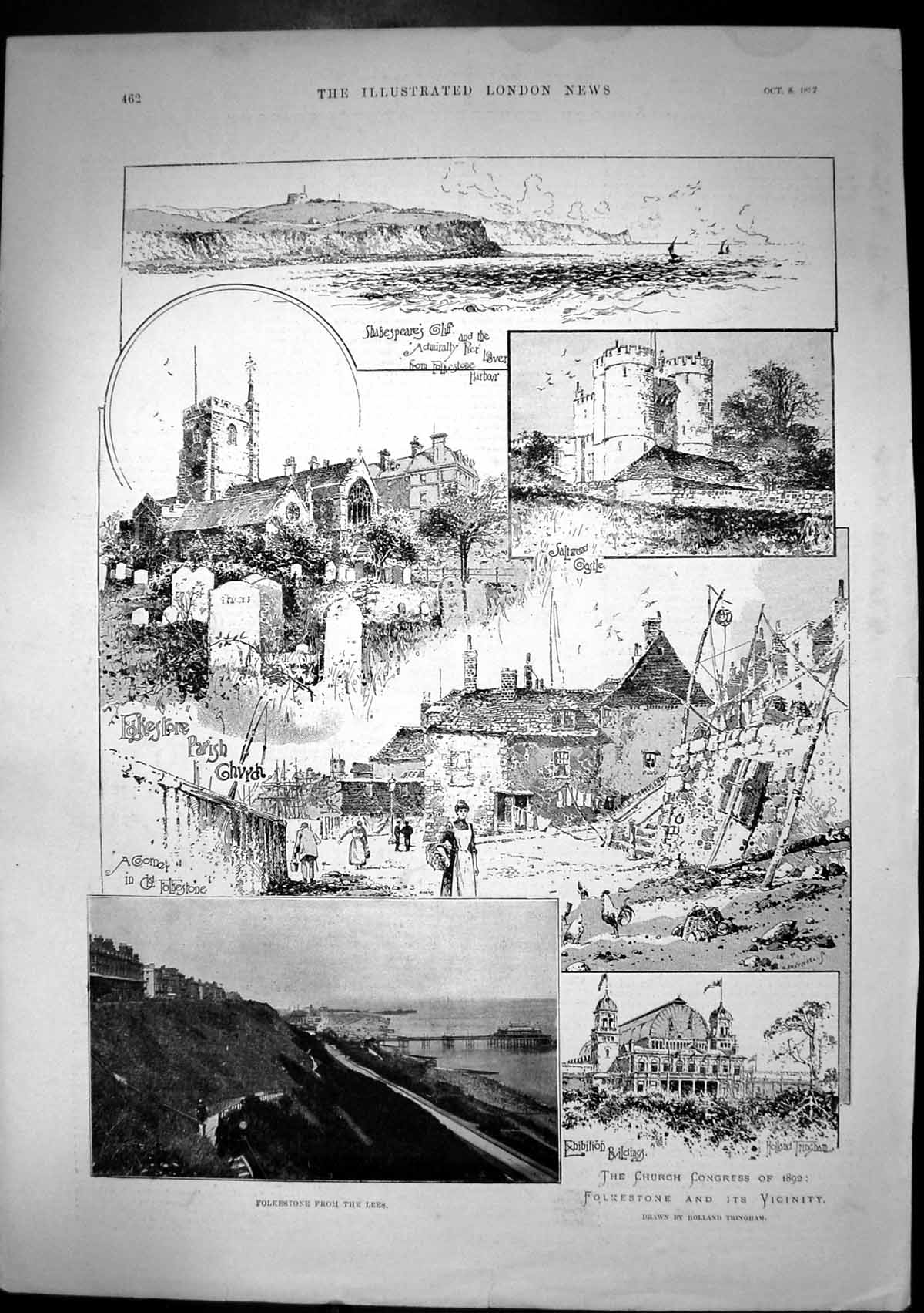 Original Old Antique Print Folkestone Church Congress 1892 Saltwood Castle 1892