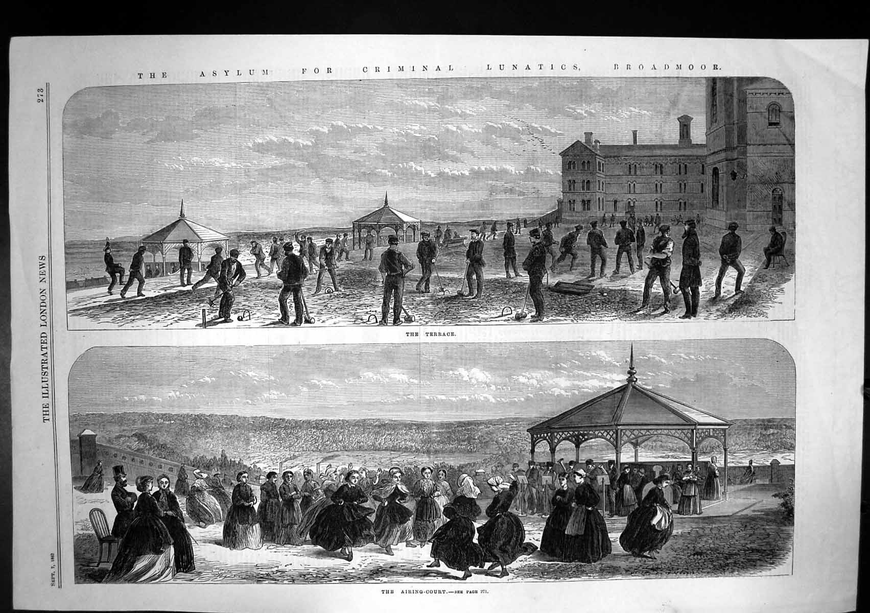 Antique Old Print Terrace Playing Games Girls Dancing Asylum Broadmoor 1867