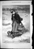 Antique Old Print Christmas Charities G Pope Lady Dog Delivering Food 1869 19th